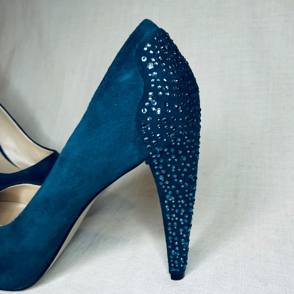 Nine West Teal Blue Suede Rhinestone Heel Platform Pumps Size 9M Evening Shoes